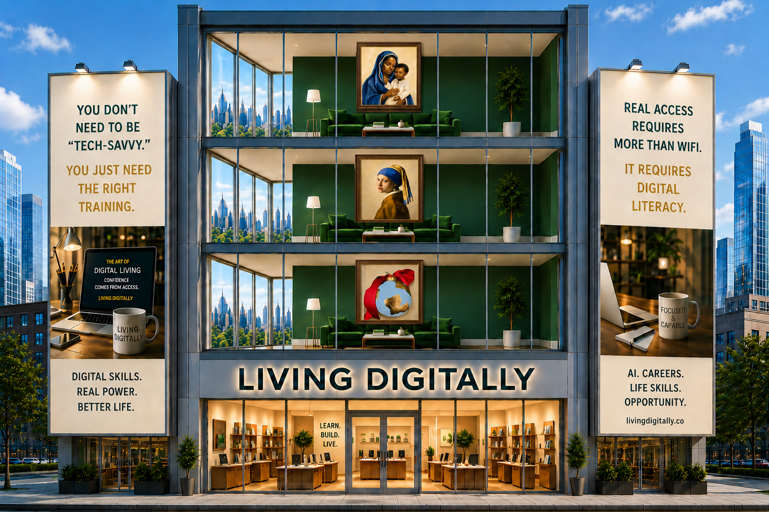 The Living Digitally storefront — a limestone institution with a framed icon of Mary, the Mother of God, holding the Christ Child above the entrance, a navy awning reading Welcome to the Tech Lifestyle / Living Digitally, and a glowing interior beyond the glass.